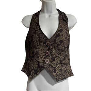 Emphasis Women 6 Vintage 90s Y2K Button Front Halter Best Floral Paisley Brown